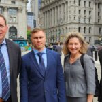 Tornado Cash's Roman Storm, second from left, and his legal team – Brian Klein (left), Keri Axel and Kevin Casey – outside court in New York. (Nikhilesh De/CoinDesk)